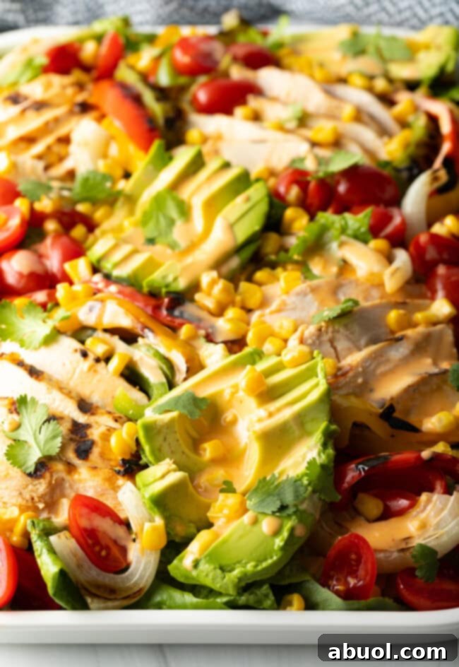 Closeup of a vibrant grilled chicken fajita salad on a large platter, ready to serve.