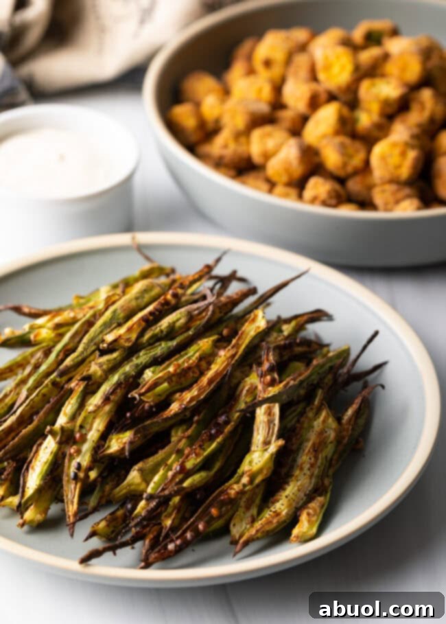 Healthy okra fries on a plate with platter of fried pieces in background, showcasing a golden, crispy texture.