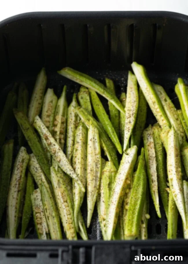 Raw, thinly sliced okra pieces seasoned and spread in a single layer within an air fryer basket.
