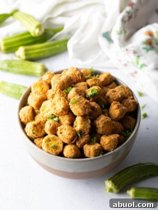 Top down view of bowl with okra pieces.