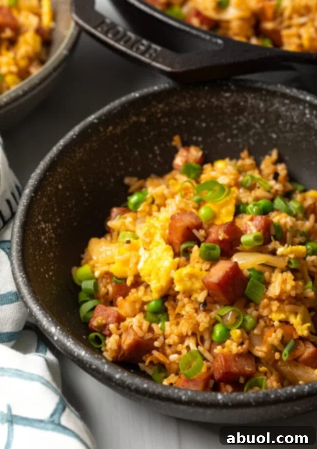 Close view bowl of spam fried rice with kimchi.