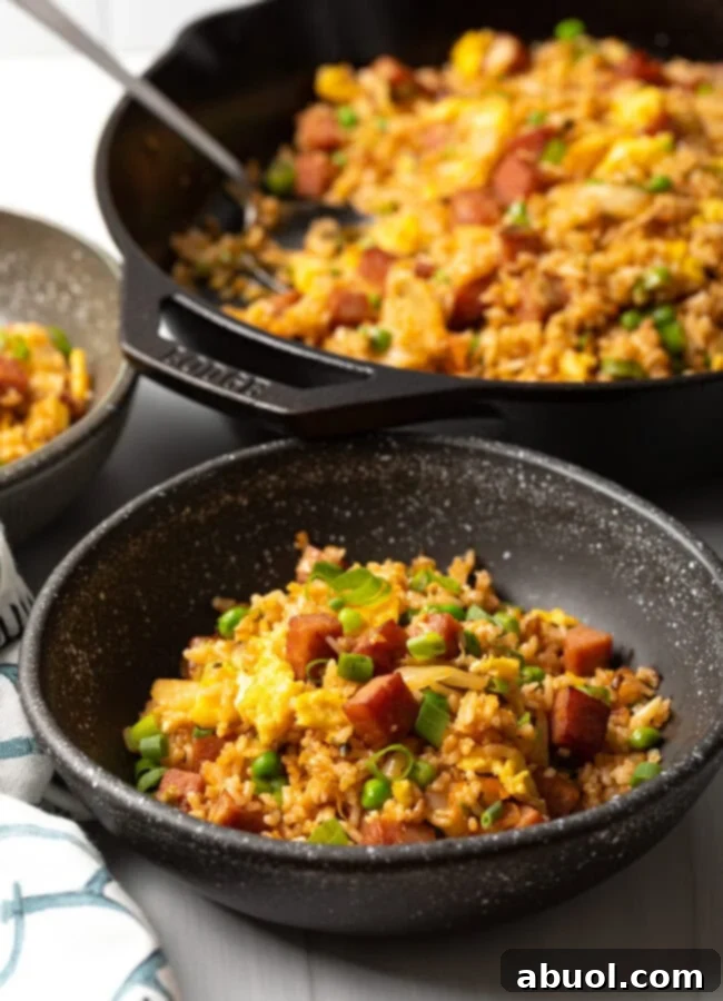 Bowl of spam and kimchi Hawaiian fried rice final recipe photo.