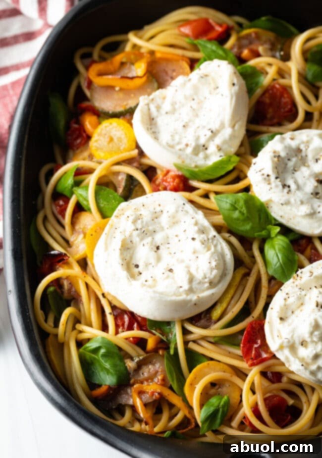 Top down pasta with burrata and summer roasted vegetables.