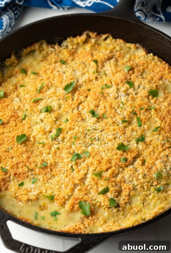 A golden-brown zucchini casserole with a crispy breadcrumb topping, freshly removed from the oven.