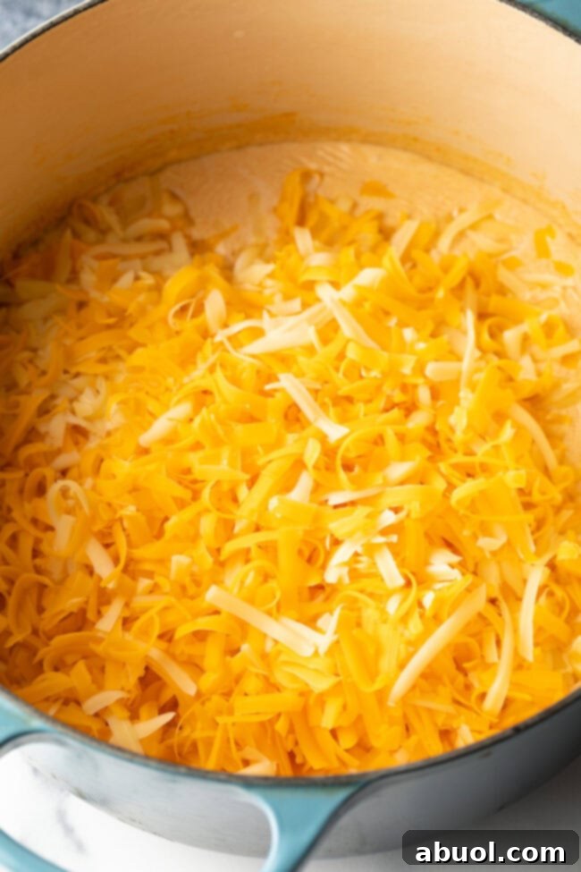 Shredded cheese added to the pot.