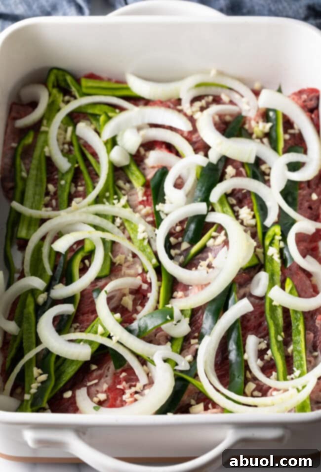 top view of marinating steak and vegetables