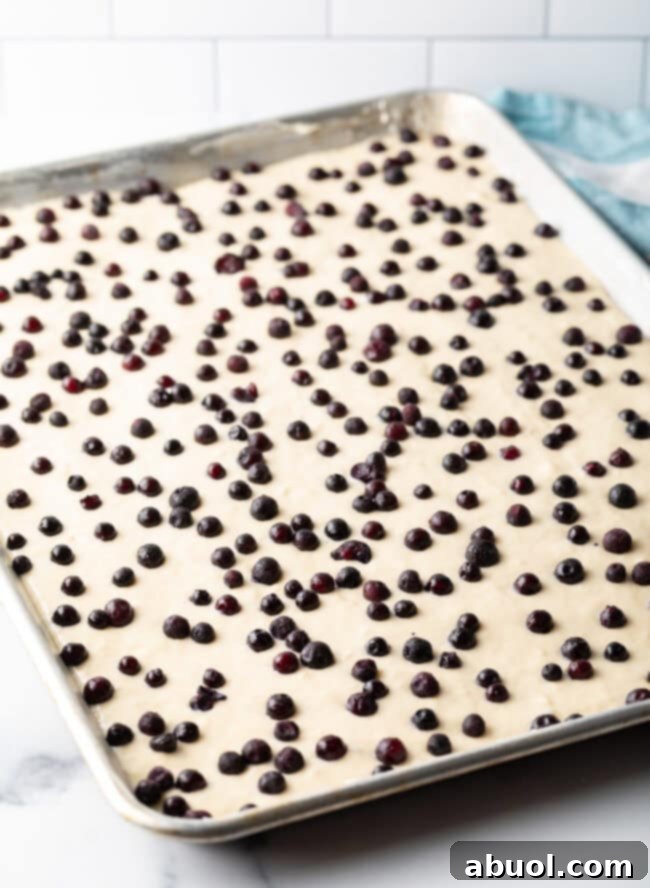 Uncooked oven pancakes speckled with fresh blueberries, ready for baking in the sheet pan.