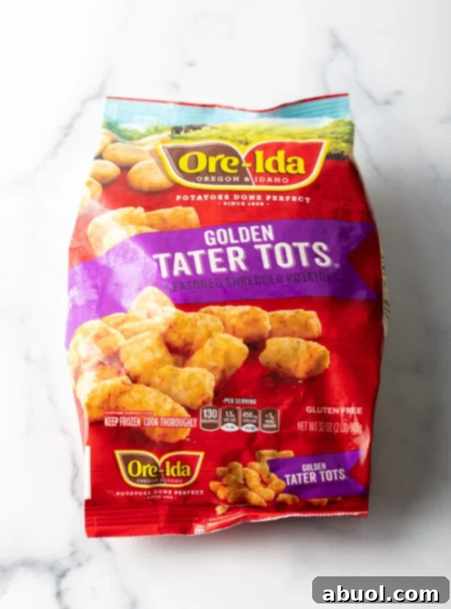 A large, recognizable bag of Ore-Ida brand frozen tater tots, a popular choice for making crispy potato bites.
