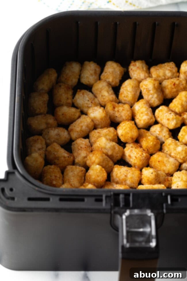 Seasoned frozen tater tots spread in a single, even layer in the air fryer basket.