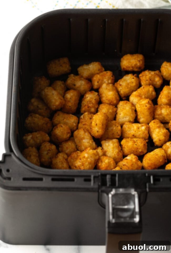 Crispy, golden brown tater tots inside an air fryer basket, perfectly cooked and ready to be served.
