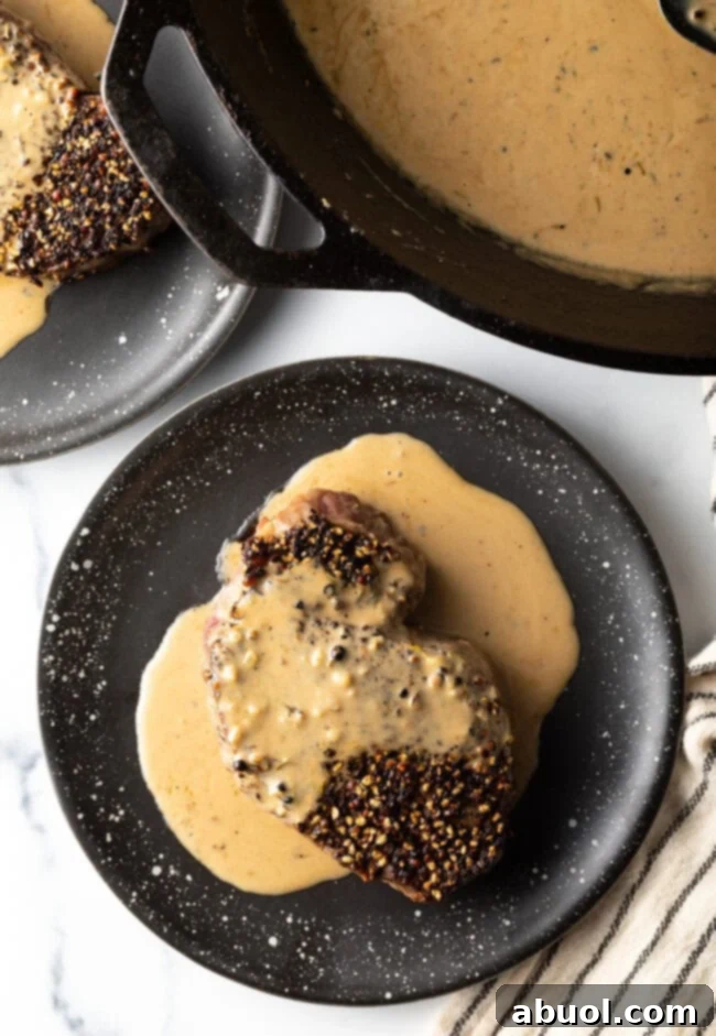 Top-down view of a beautifully prepared peppercorn steak drizzled with cognac cream sauce, ready to be served.