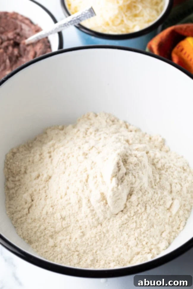Masa harina corn flour beautifully presented in a large mixing bowl, awaiting the addition of water.