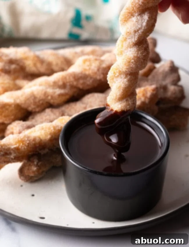 A crispy cinnamon twist being dipped into a small ramekin of rich, dark chocolate sauce.
