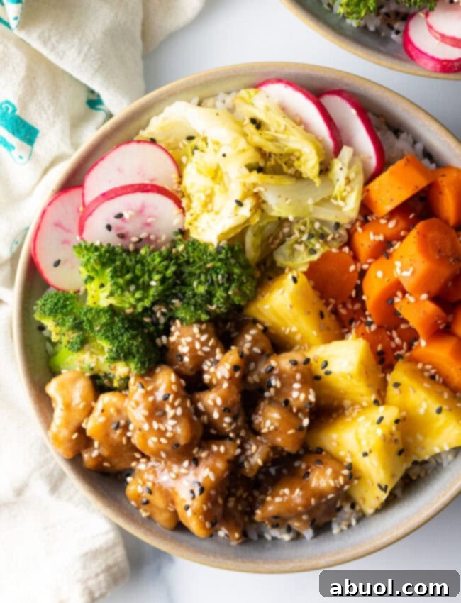 Finished top down shot from chicken teriyaki bowl recipe.