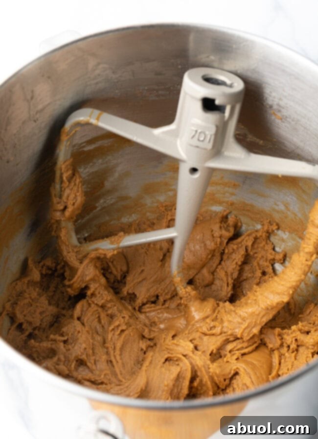 Standing mixer bowl with paddle attachment, fudge mixture in the bowl.