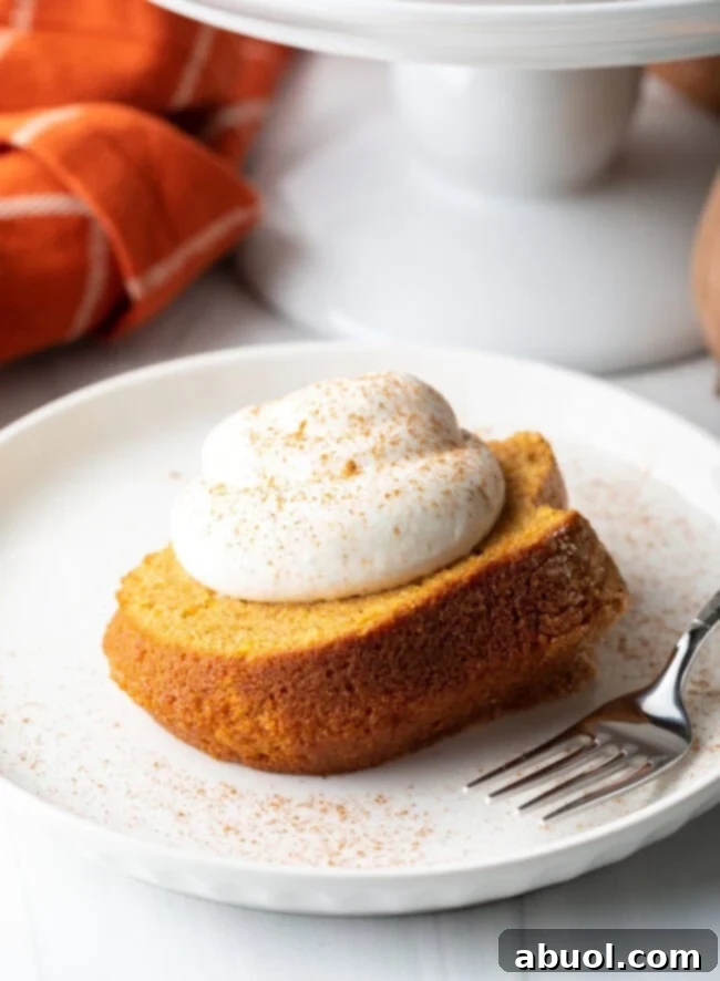 A delectable slice of sweet potato pound cake on a white plate with a fork, generously topped with whipped cream and a sprinkle of cinnamon, ready to be enjoyed.
