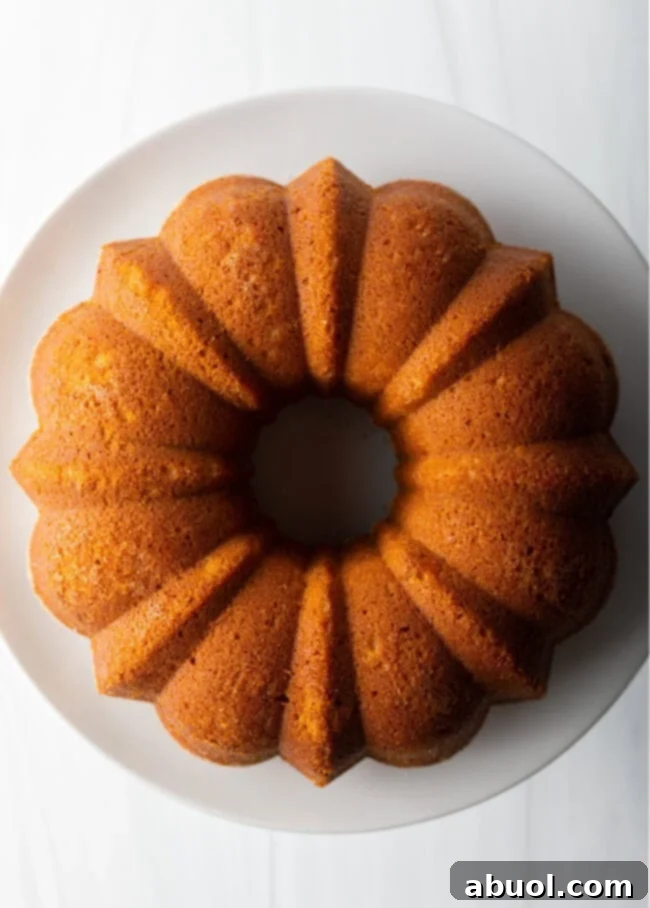 A top-down view of a beautifully baked sweet potato cake in a classic Bundt pan, showcasing its intricate design.