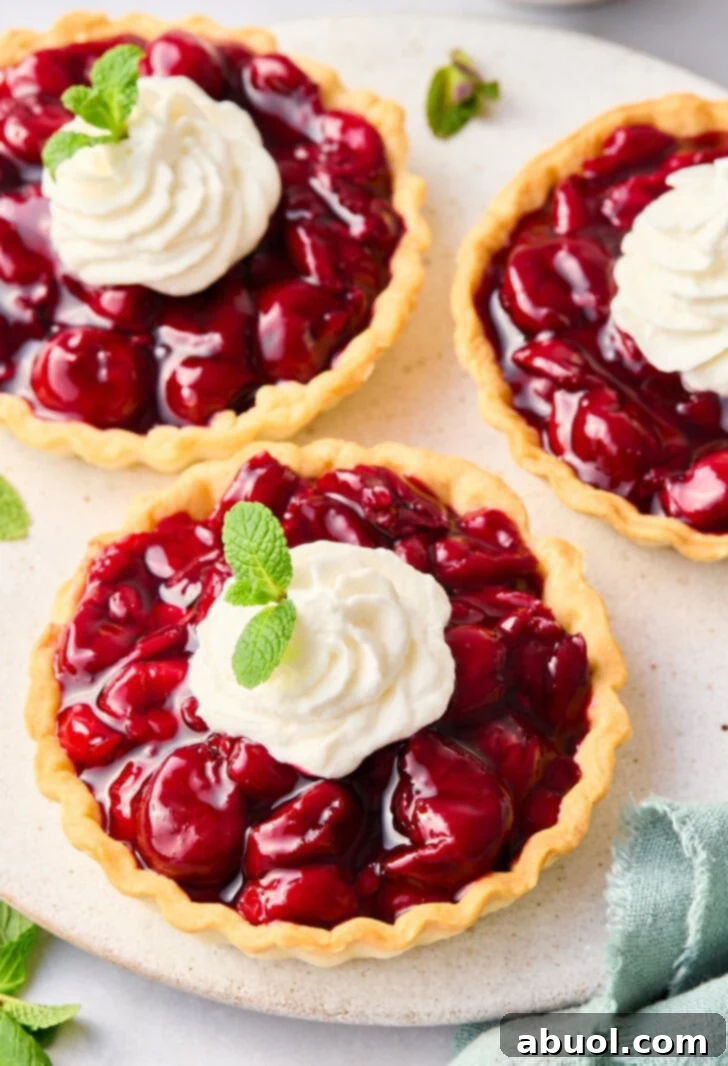 Three mini cherry tarts topped with whipped cream.