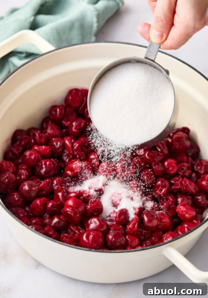 Hand pouring sugar into a pot filled with fresh cherries. 