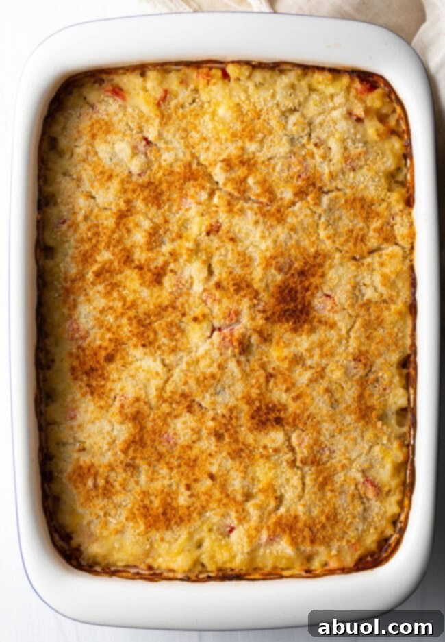 Golden Cheesy Hominy Bake 9 Top down baked hominy casserole.