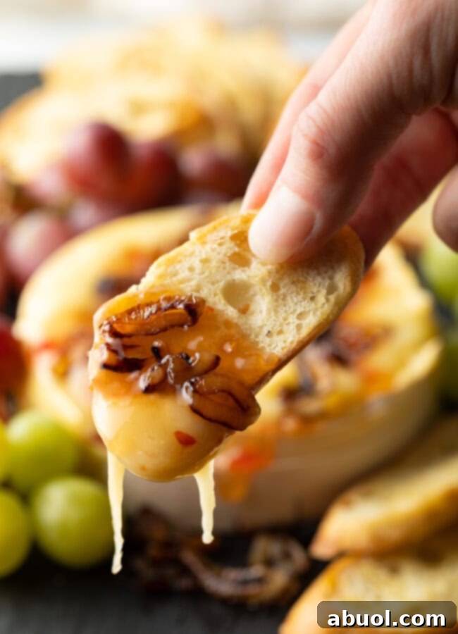 Hand holding slice of baguette with molten cheese and shallots, shown to camera.