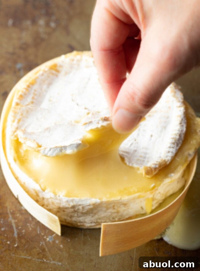 Hand peeling back the top rind. on the camembert cheese. 