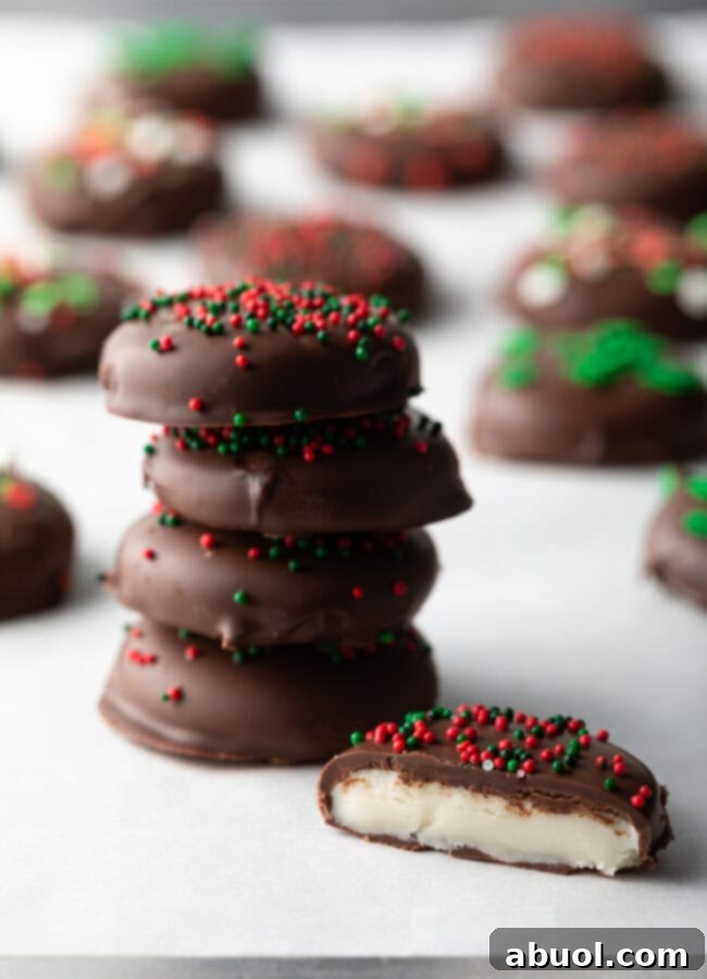 Stack of 4 peppermint patties, with 5 peppermint patty bitten in half to show insides.