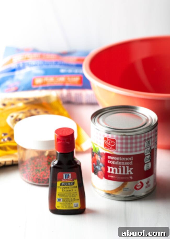Ingredients you need: extract, sweetened condensed milk, sprinkles, and bags of chocolate chips.