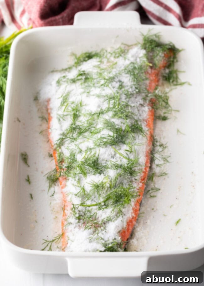 A glistening salmon fillet resting in a baking dish, generously covered in the fragrant curing ingredients: a blend of salt, sugar, fresh dill, and black pepper.
