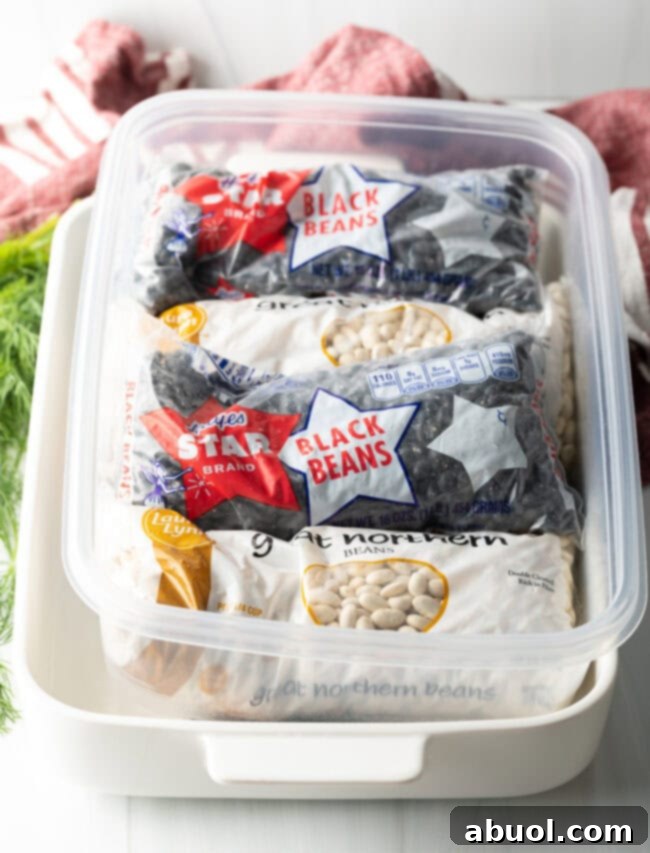 The plastic-wrapped salmon fillet placed within a baking dish, topped with a smaller container filled with heavy bags of dried beans, effectively pressing the salmon for optimal curing.