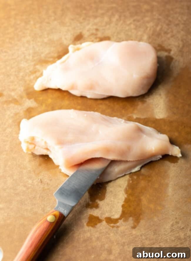 Large knife slicing raw chicken breast in half width-wise.