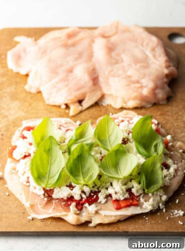 Butterflied chicken breasts split open, topped with prosciutto, red peppers, crumbled cheese and fresh baby basil leaves.