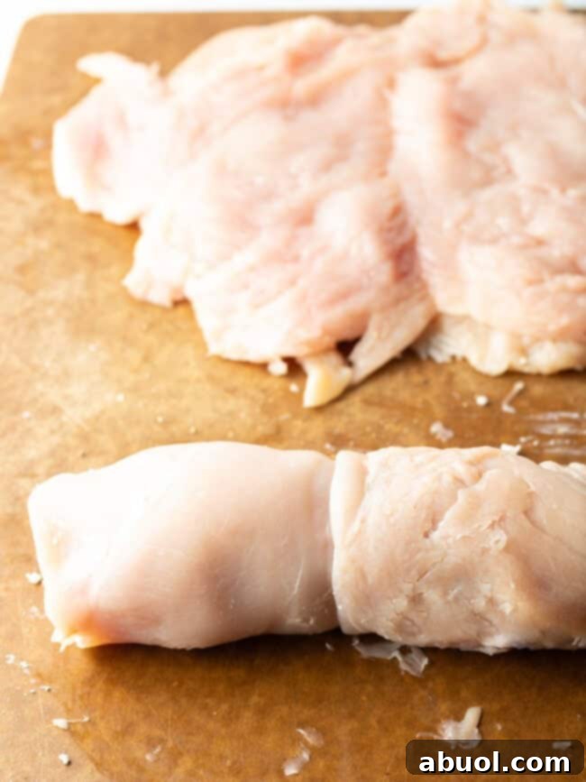 Stuffed raw chicken rolled on a cutting board, wrapped with twine.