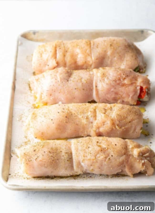 Four stuffed and rolled chicken breasts on a baking tray. They have been seasoned with olive oil and seasonings.