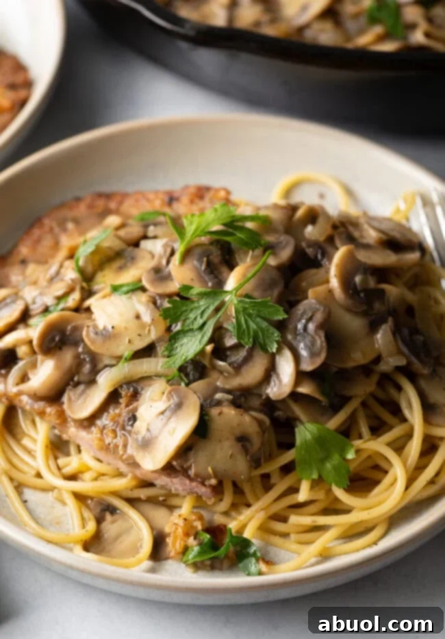 Close view plate of spaghetti with veal scallopini and mushroom wine sauce.