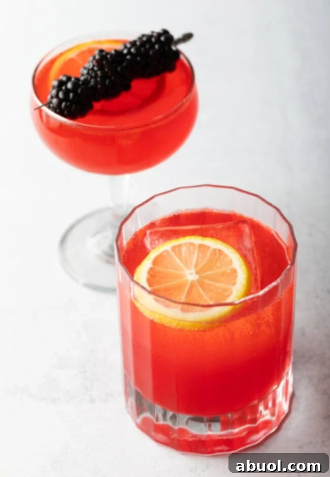 Two sloe gin fizz cocktails, bright pink, one in a martini glass with berries and the other in a short glass with lemon.