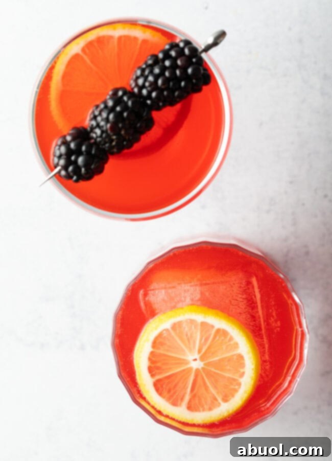 Top down martini glass and highball glass with sloe gin cocktails.
