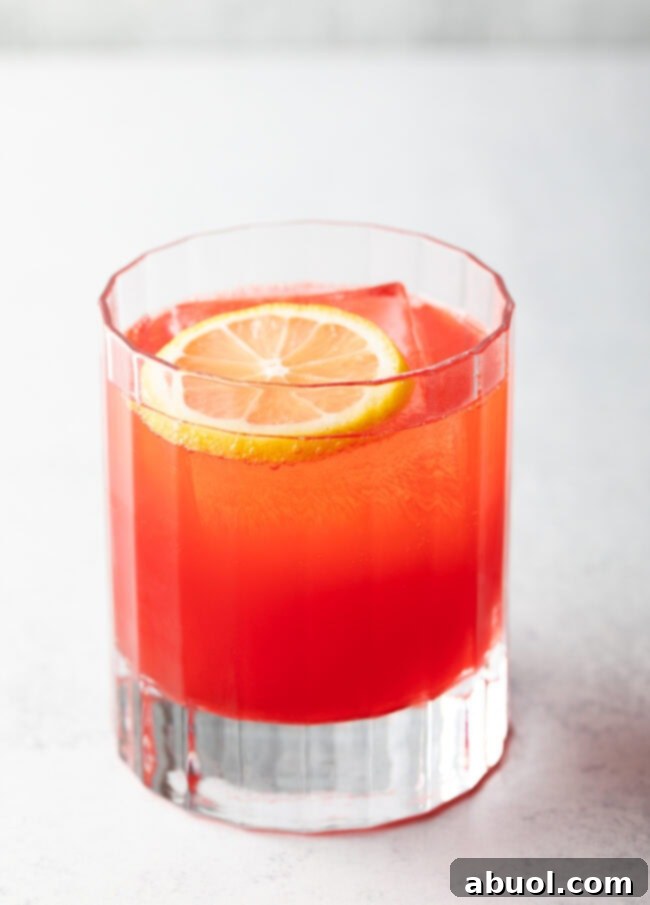 Highball glass with sloe gin fridge with lemon slice.