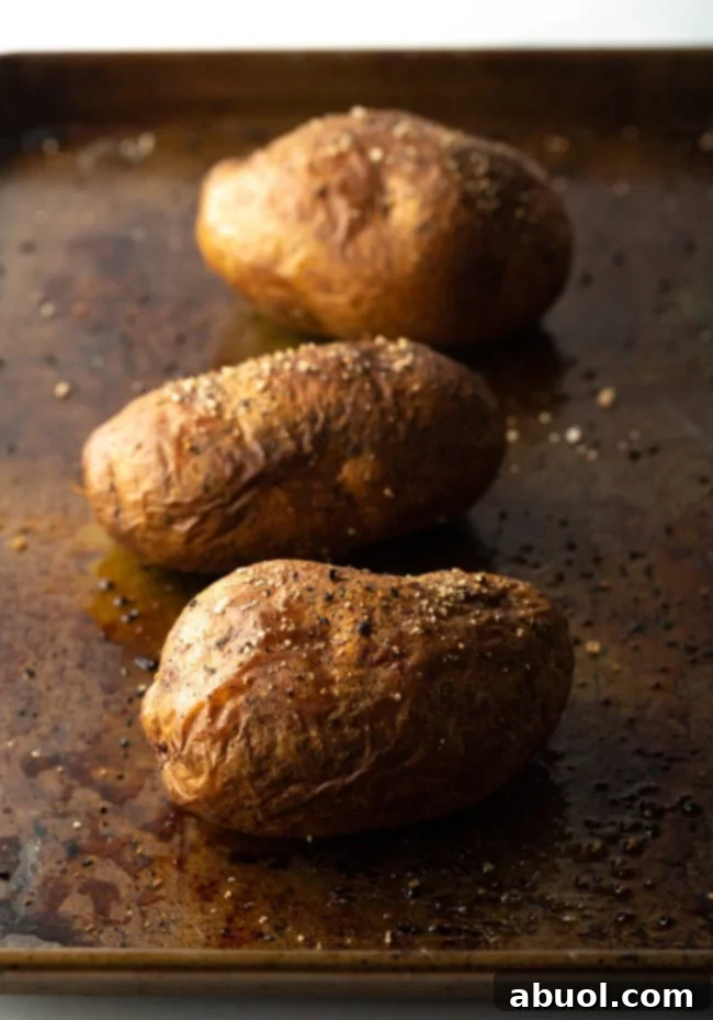Russet Potatoes Recipe and Tips - Three baked potatoes on a baking sheet.