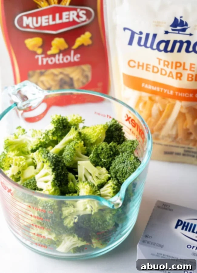 Perfectly Creamy Broccoli Pasta 6 Ingredients you need: Glass measuring jar with chopped florets, bag of shredded cheddar cheese, cream cheese block, and trottole pasta.