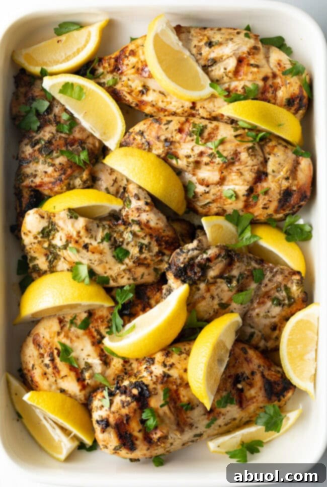 Top-down view of beautifully grilled and marinated Greek chicken, adorned with lemon slices, served in a pristine white dish.