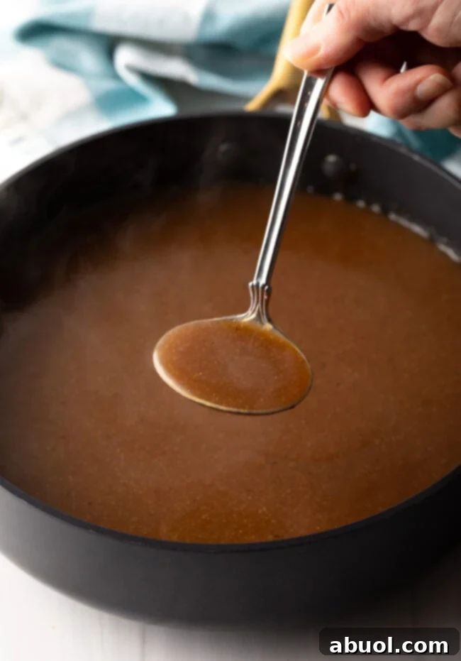 Delicious Homemade Beef Gravy 4 Metal ladle filled with brown gravy to camera.