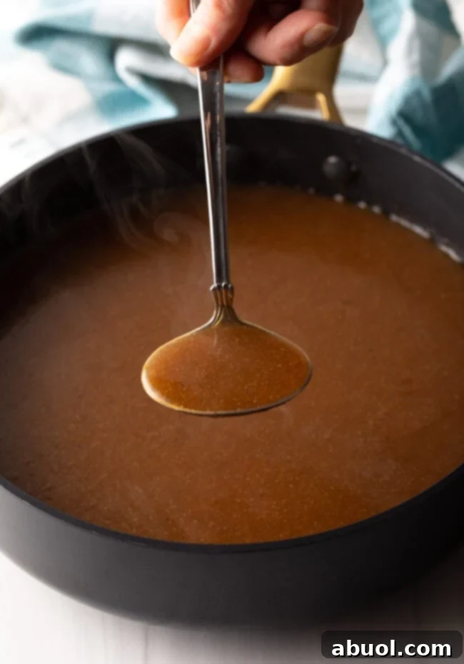 Delicious Homemade Beef Gravy 9 Metal ladle filled with gravy to camera.