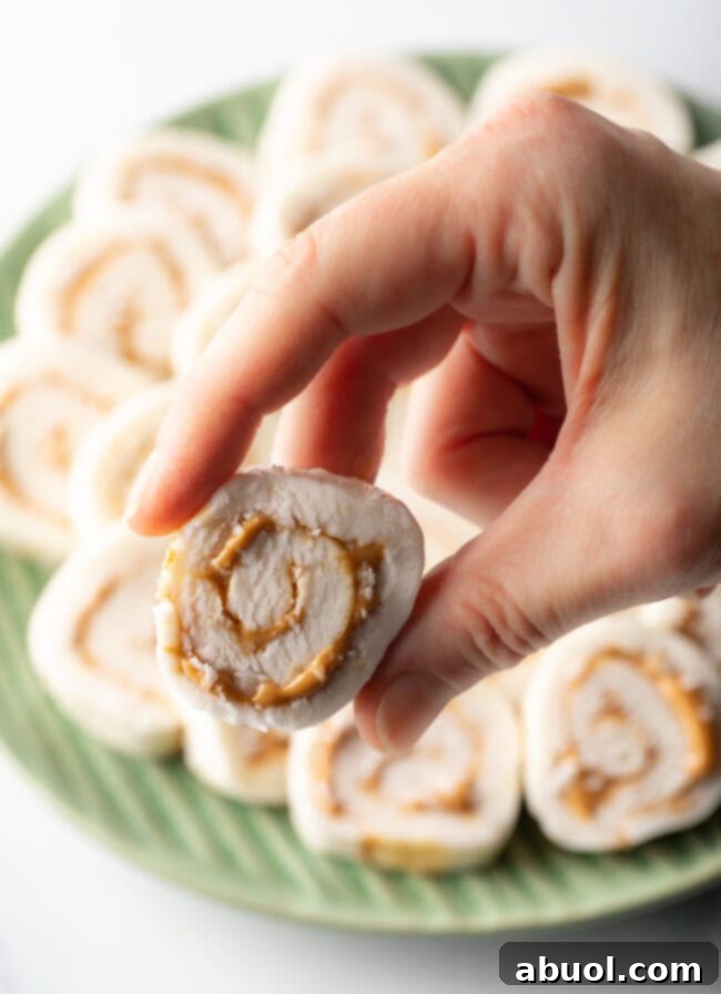 Hand holding slice of potato and peanut butter candy recipe to camera.