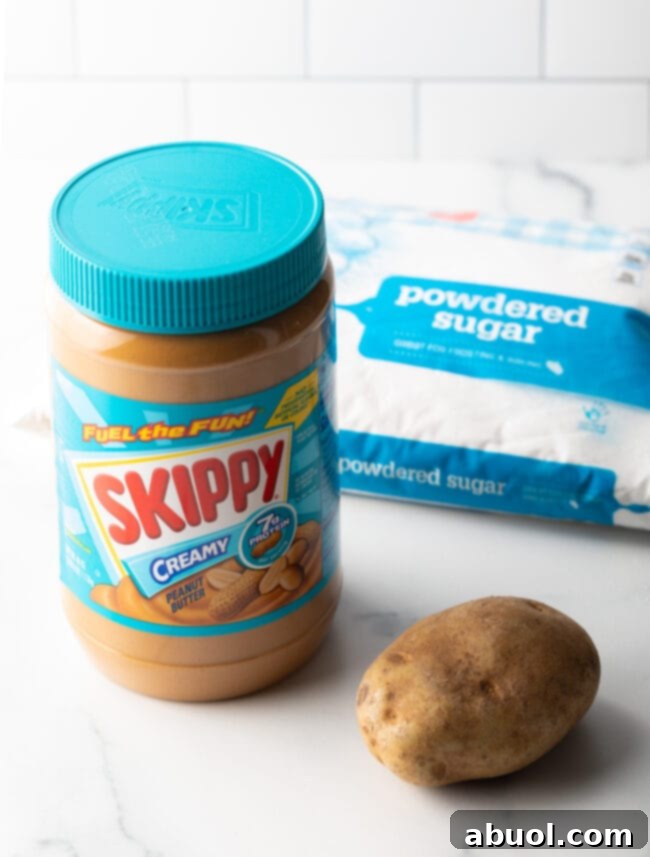 Recipe ingredients: jar of peanut butter, whole russet potato, bag of powdered sugar.