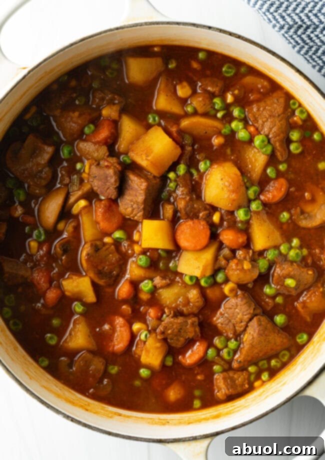 Top down Mulligan stew with chopped potatoes, carrots, peas, and chunks of beef.