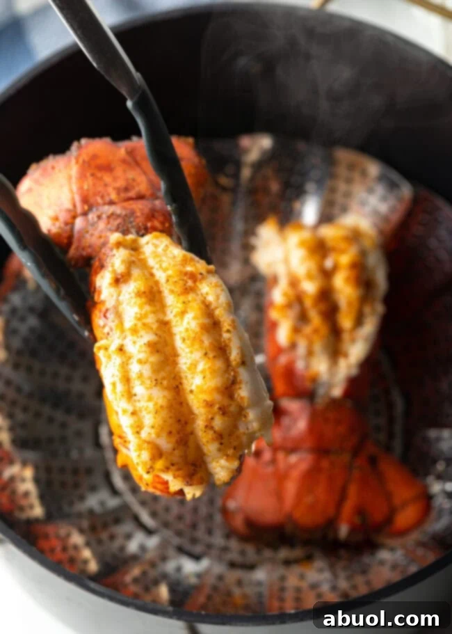 Cooking tongs holding up a cooked tail to camera.