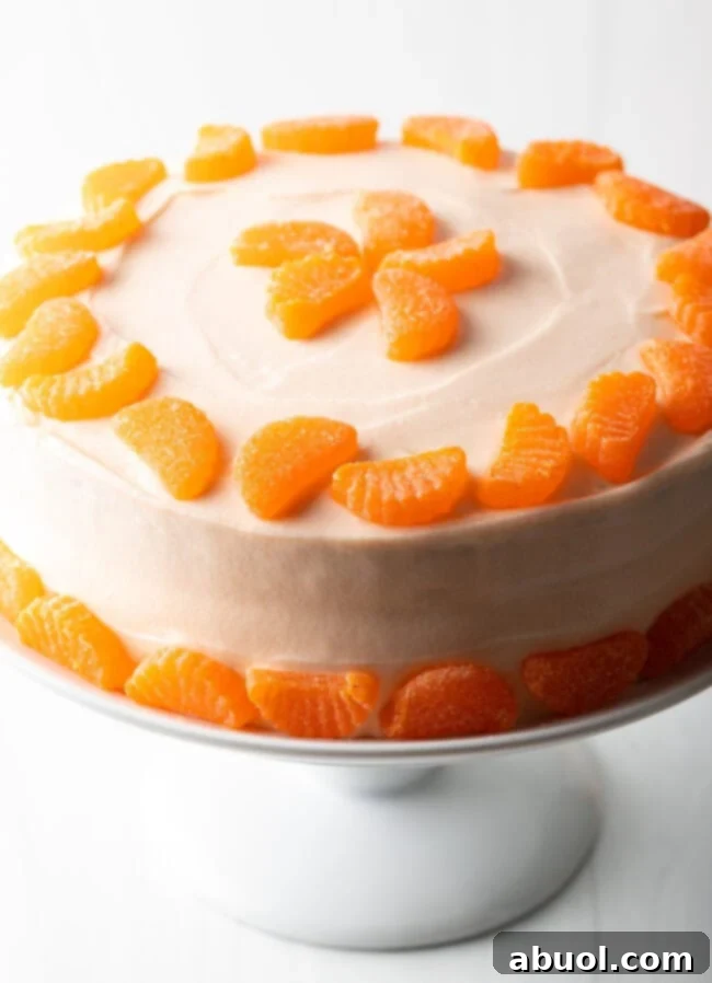 Round orange cake with white frosting and a ring of mandarin slices around the top and bottom of the cake.