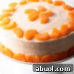 Round cake with white frosting and ring of mandarin slices around the top and bottom of the cake.