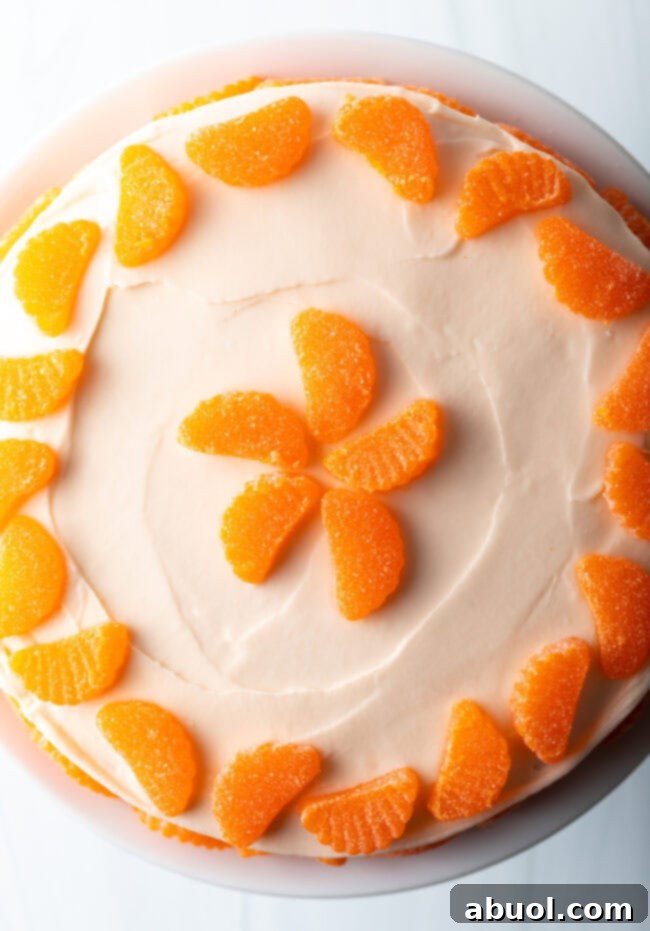 Top down view of a round orange cake with white frosting and a ring of mandarin slices around the top and bottom of the cake.